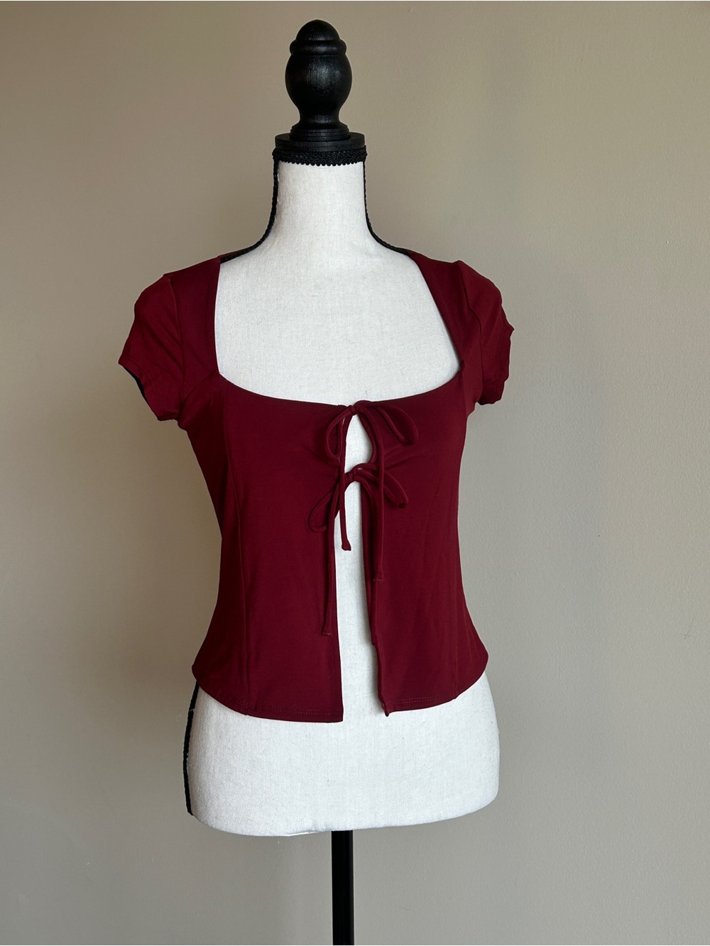 Burgundy Square Neck Tie-Front Baby Tee Small